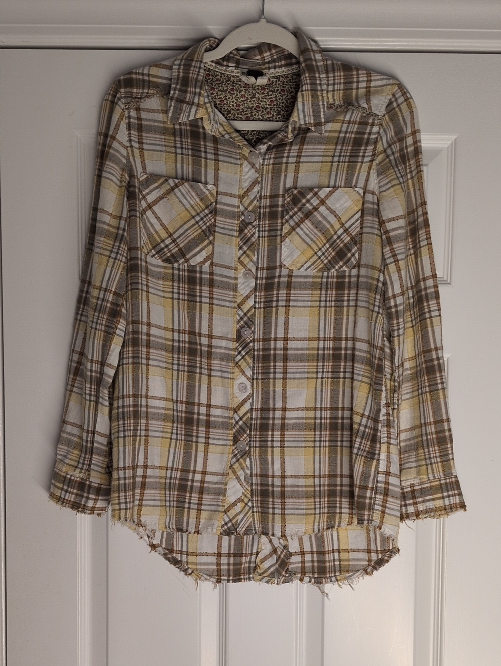 Free People We the Free Plaid Button-up Shirt Small Distressed Western Cowgirl